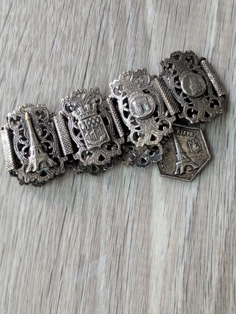 Antique-French Filigree Panel Charm Bracelet - Aged Silver - Picture 6 of 8